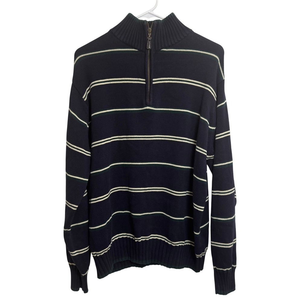 T. Harris London Mens Navy Blue Striped 100% Cotton Quarter Zip Sweater Large
